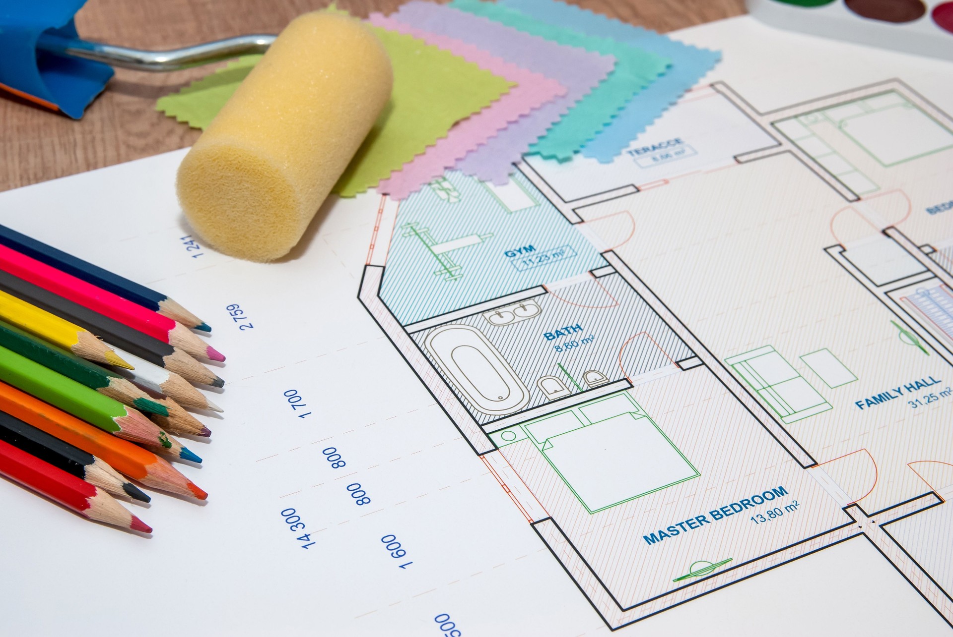 architectural plan of house, color palette, pencil and fabric samples